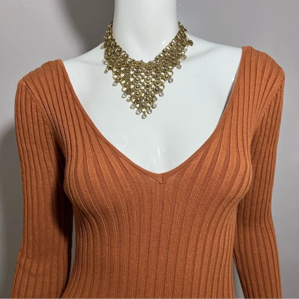 Hera Collection Off The Shoulder Ribbed Rust Midi Bodycon Dress - M - Picture 5 of 12